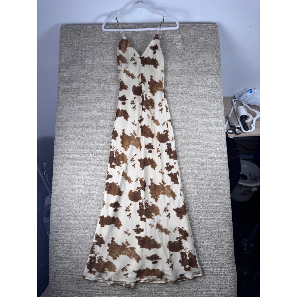 Zara Cow Print Maxi Dress Brown Cream Sleeveless V-Neck Slip Gown XS 2352/101
